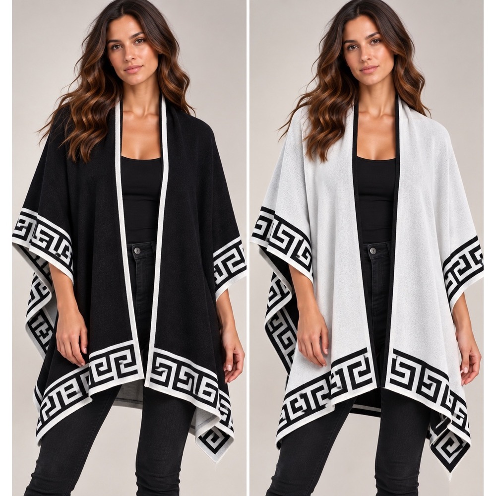 Peruvian Alpaca Blend Ruana Wrap Reversible Black White Greek Key Old Money Cape